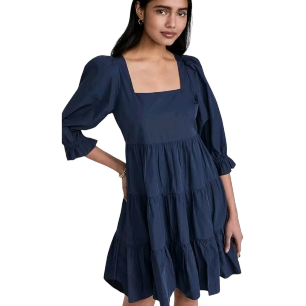 Madewell Dress Womens Blue 0 Lizzie Babydoll Puff Sleeve Tiered Cotton Boho